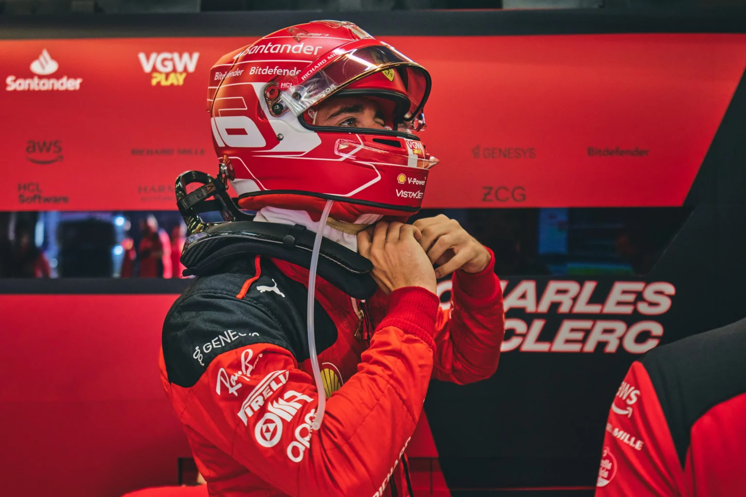Charles Leclerc wears the helmet for the Pirelli tests in Spain