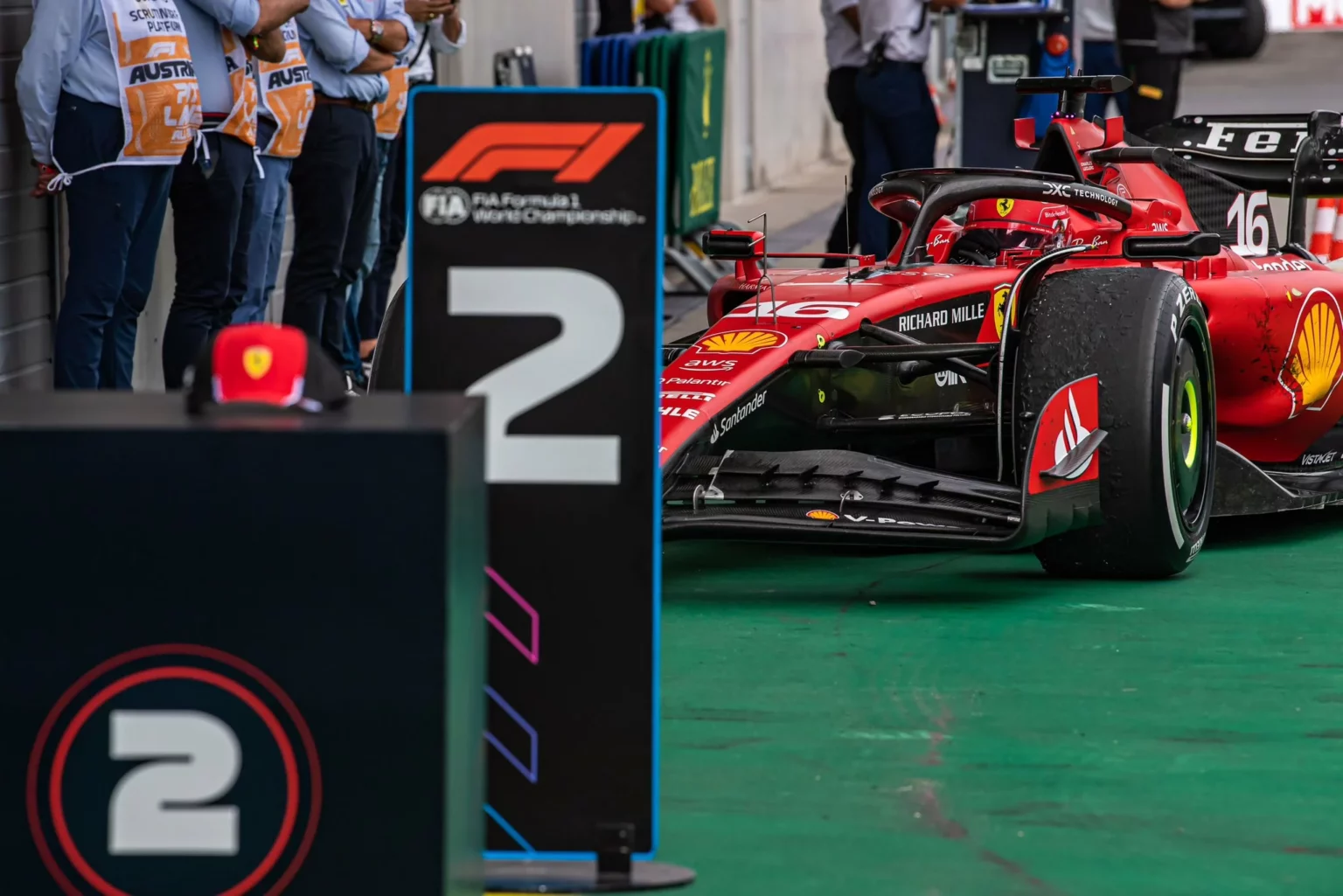 La Ferrari di Charles Leclerc in regime di parco chiuso dopo il GP d'Austria