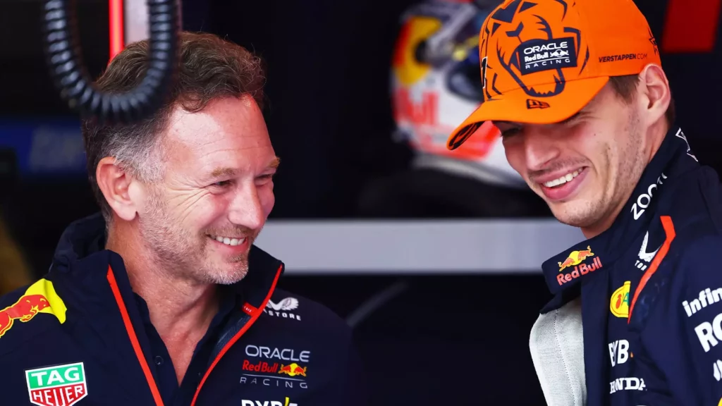 Max Verstappen e Horner dialogano nel box Red Bull