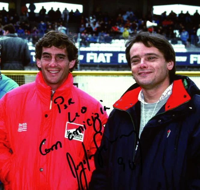 Leo Turrini e Ayrton Senna il giorno del loro 30esimo compleanno a Imola (1990)