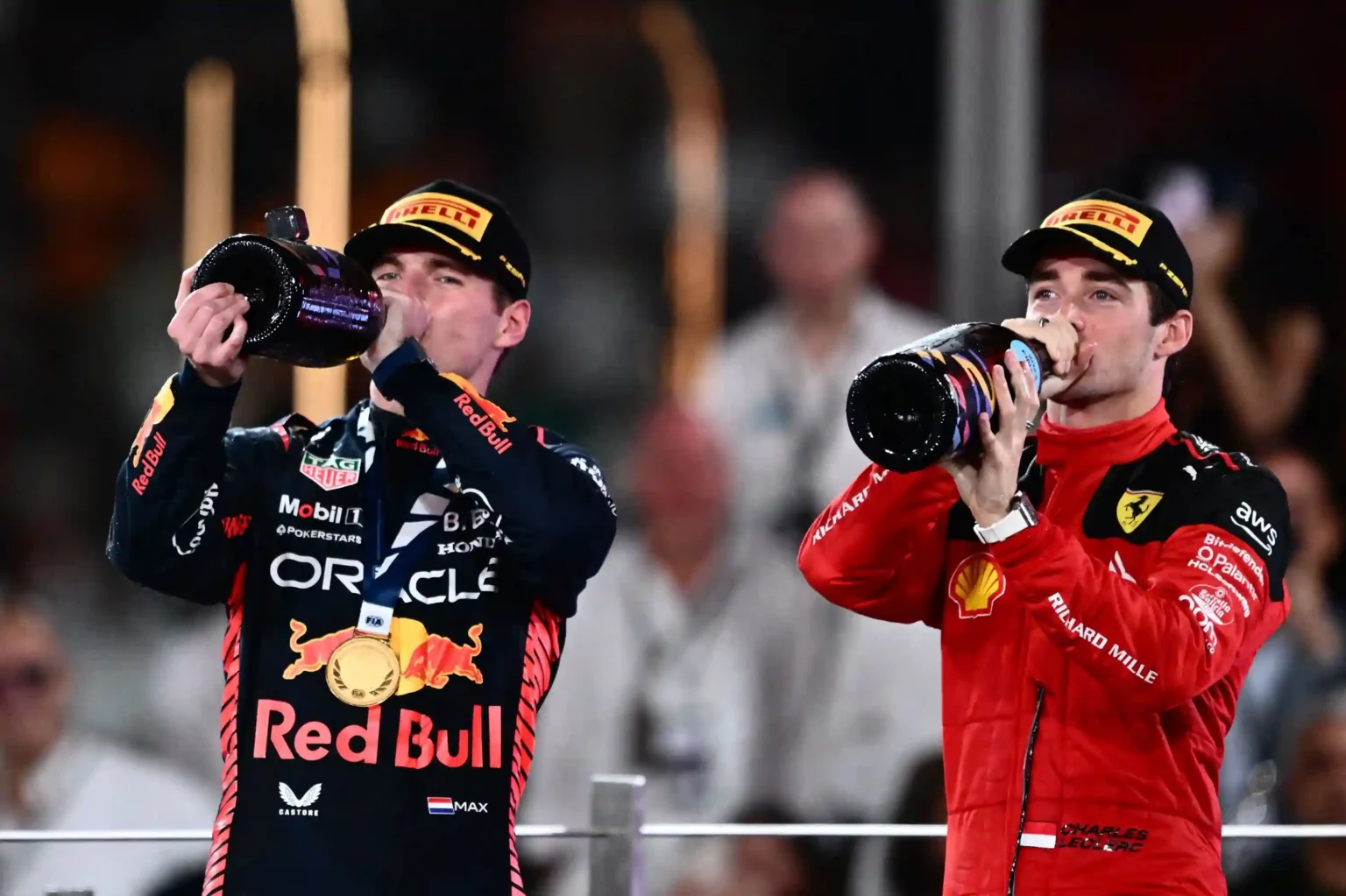 Leclerc and Verstappen enjoy the podium at the Abu Dhabi GP