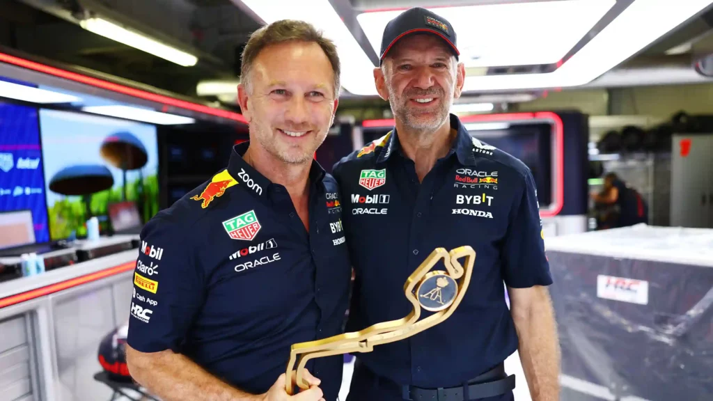 MONTE-CARLO, MONACO - MAY 28: Red Bull Racing Team Principal Christian Horner and Adrian Newey, the Chief Technical Officer of Red Bull Racing pose for a photo with the winners trophy during the F1 Grand Prix of Monaco at Circuit de Monaco on May 28, 2023 in Monte-Carlo, Monaco.