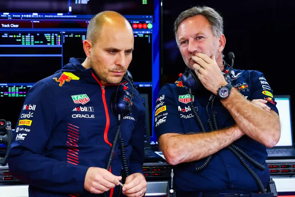 MEXICO CITY, MEXICO - OCTOBER 28: Red Bull Racing Team Principal Christian Horner talks with race engineer Gianpiero Lambiase in the garage during final practice ahead of the F1 Grand Prix of Mexico at Autodromo Hermanos Rodriguez on October 28, 2023 in Mexico City, Mexico.