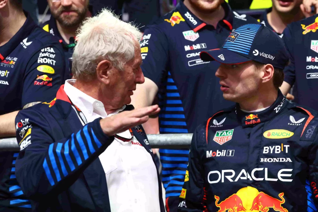 Marko and Verstappen discuss together after the Dutchman's Saudi Arabian GP victory