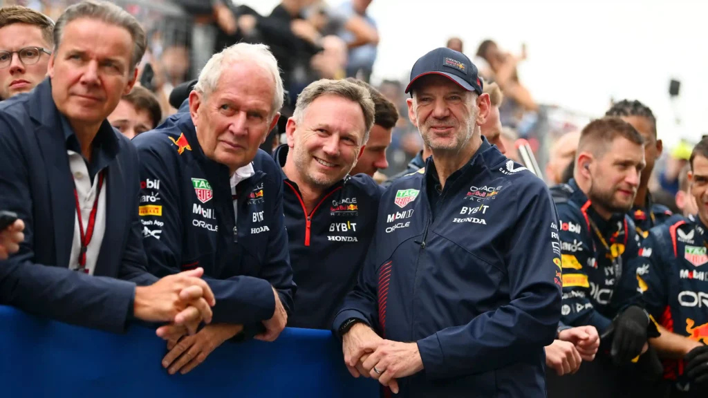 Red Bull Racing Team Consultant Dr Helmut Marko, Red Bull Racing Team Principal Christian Horner and Adrian Newey, the Chief Technical Officer of Red Bull Racing celebrate in parc ferme during the F1 Grand Prix of Canada at Circuit Gilles Villeneuve on June 18, 2023 in Montreal, Quebec.