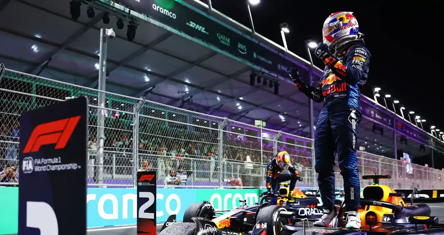 JEDDAH, SAUDI ARABIA - MARCH 09: Race winner Max Verstappen of the Netherlands and Oracle Red Bull Racing celebrates in parc ferme during the F1 Grand Prix of Saudi Arabia at Jeddah Corniche Circuit on March 09, 2024 in Jeddah, Saudi Arabia. (Photo by Mark Thompson/Getty Images)