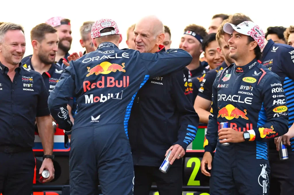 SUZUKA, JAPAN - APRIL 07: Race winner Max Verstappen of the Netherlands and Oracle Red Bull Racing celebrates with Adrian Newey, the Chief Technical Officer of Oracle Red Bull Racing and their team after the F1 Grand Prix of Japan at Suzuka International Racing Course on April 07, 2024 in Suzuka, Japan. (Photo by Clive Mason/Getty Images)