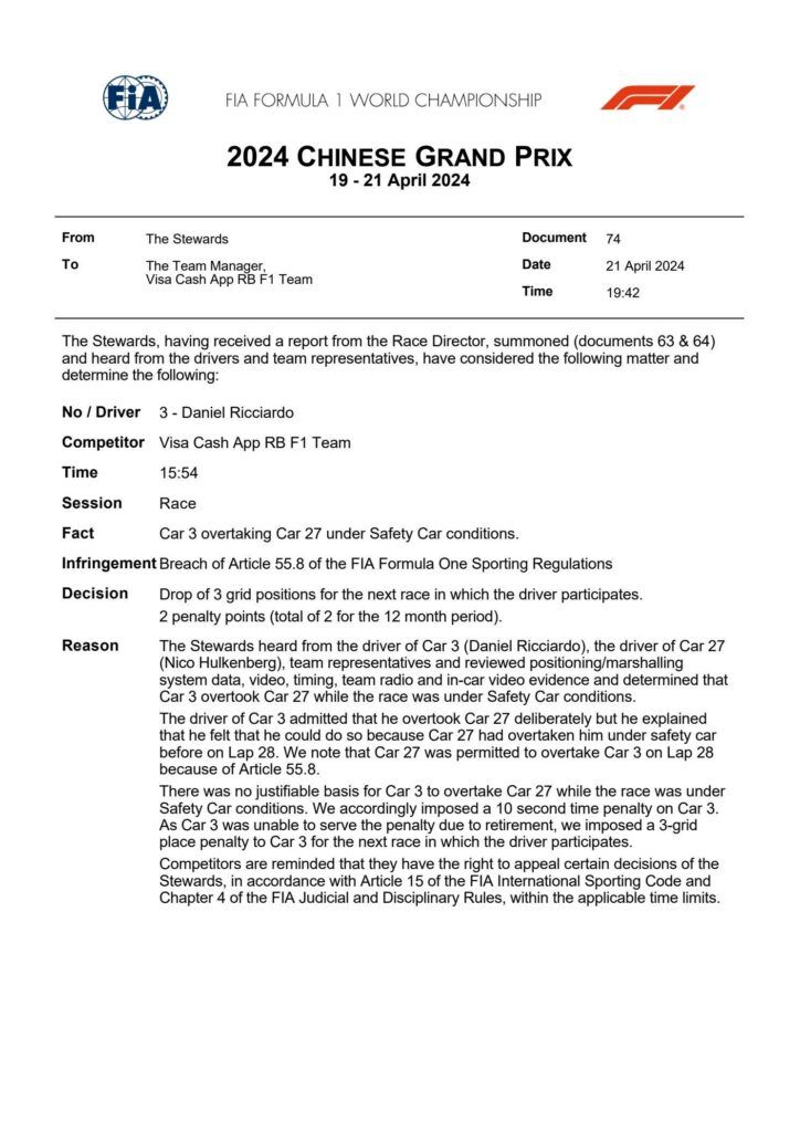 Penalità per Daniel Ricciardo durante il GP di Cina