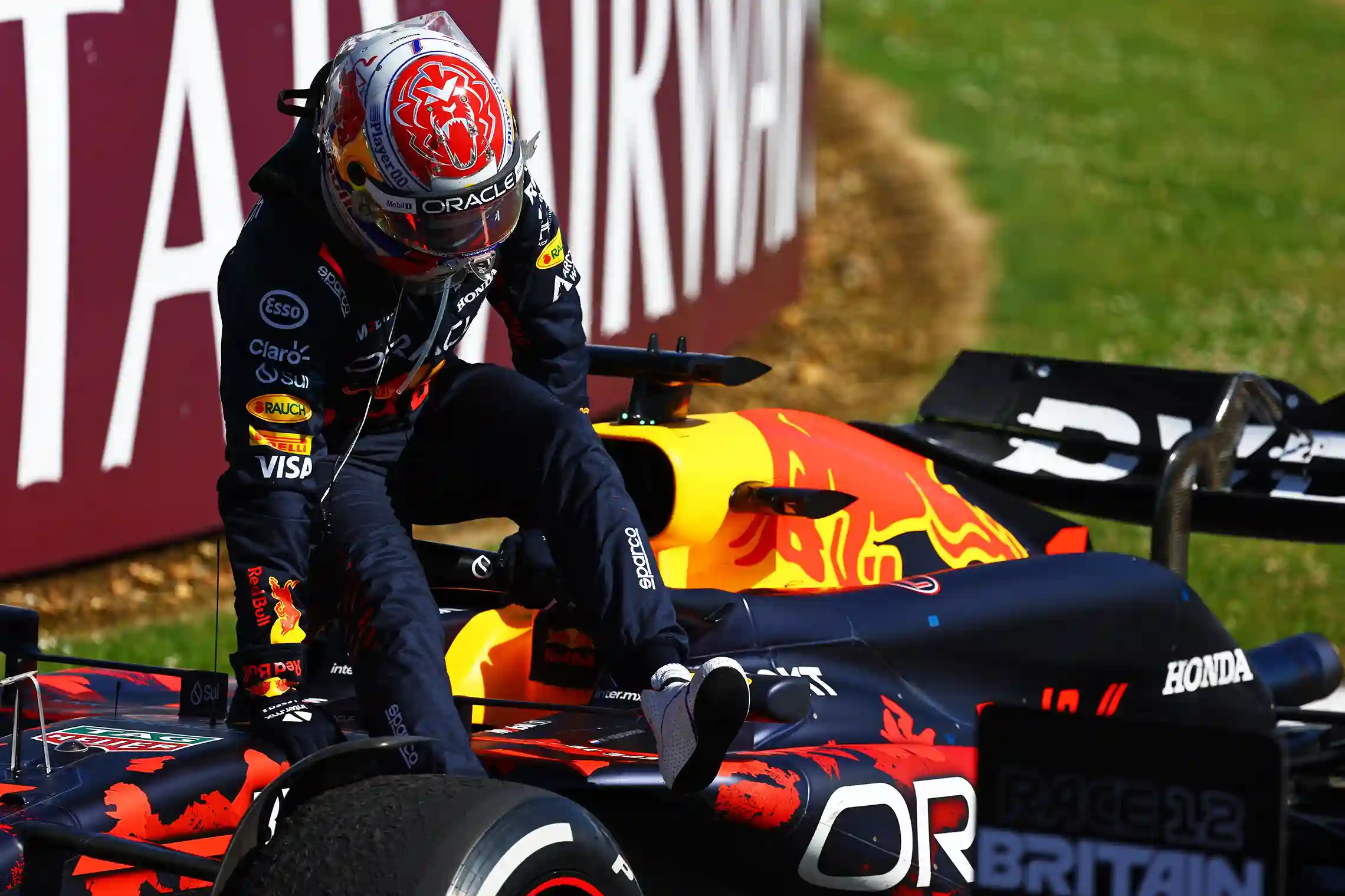 Second placed Max Verstappen of the Netherlands and Oracle Red Bull Racing climbs from his car in parc ferme during the F1 Grand Prix of Great Britain at Silverstone Circuit on July 07, 2024 in Northampton, England. (Photo by Mark Thompson/Getty Images)